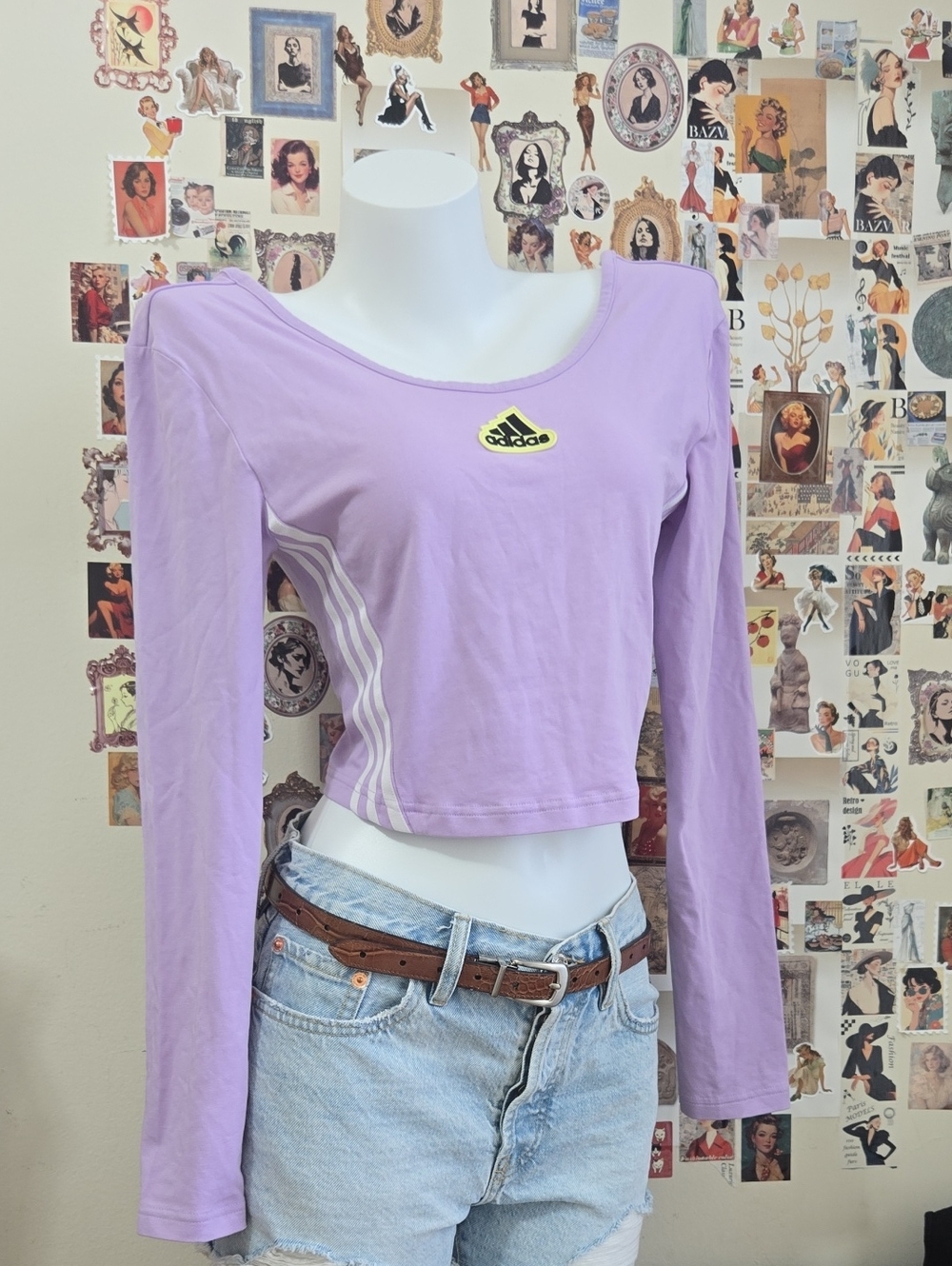 Adidas Lavender Long Sleeve Crop Top Side Stripes Size M
